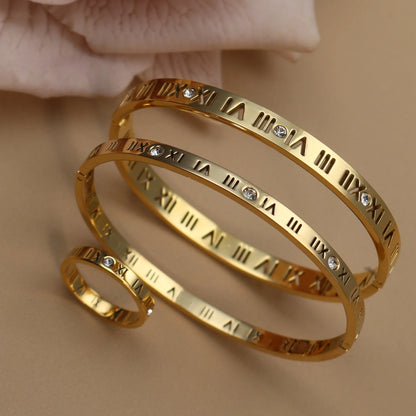 Stainless Steel 18K gold plated Roman Numeral Bracelet Bangles Ring 2-in-1 Jewelry