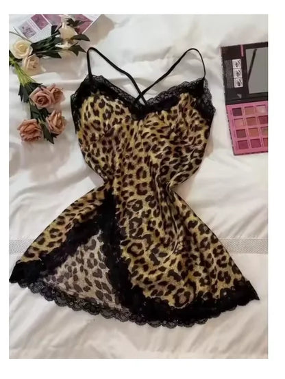 Leopard Satin Women Sleeveless Side Split Lace Sleepwear Nightgown Pajama Dress