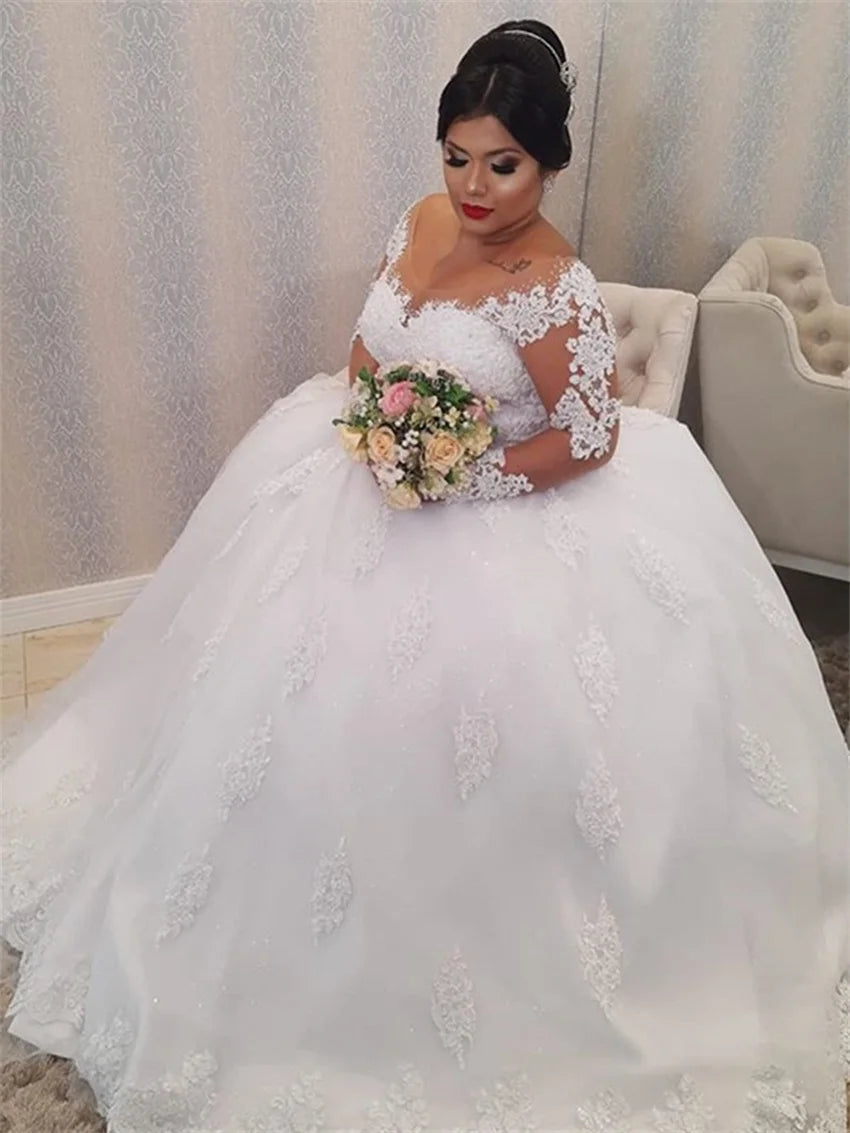 Plus Size Long Sleeve Pearls Beading Appliques White Bridal Wedding Party Dress Gown