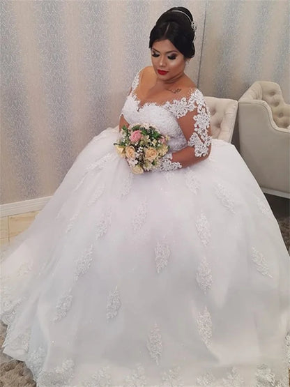 Plus Size Long Sleeve Pearls Beading Appliques White Bridal Wedding Party Dress Gown