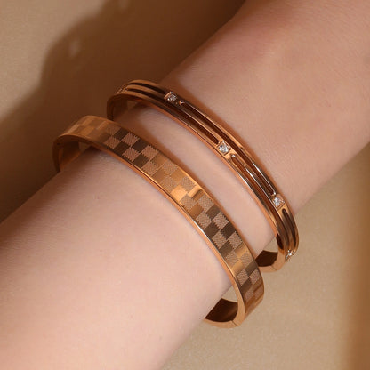 Luxury Polished Checkered Design Stainless Steel Crystal Wedding Party Bangle Bracelet