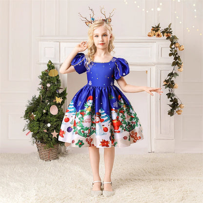 Girls Kids New Year Party Santa Claus Snowman Print Cosplay Costume Xmas Princess Theme Party Dress