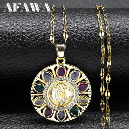 Aesthetic Virgin Mary Medal Copper Zircon Pendant Necklace for Women Men Stainless Steel Our Lady Guadalupe Chain Jewelry collar