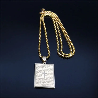 Men Women Stainless Steel Portuguese Religious Christian Cross Bible Verse Prayer Necklace