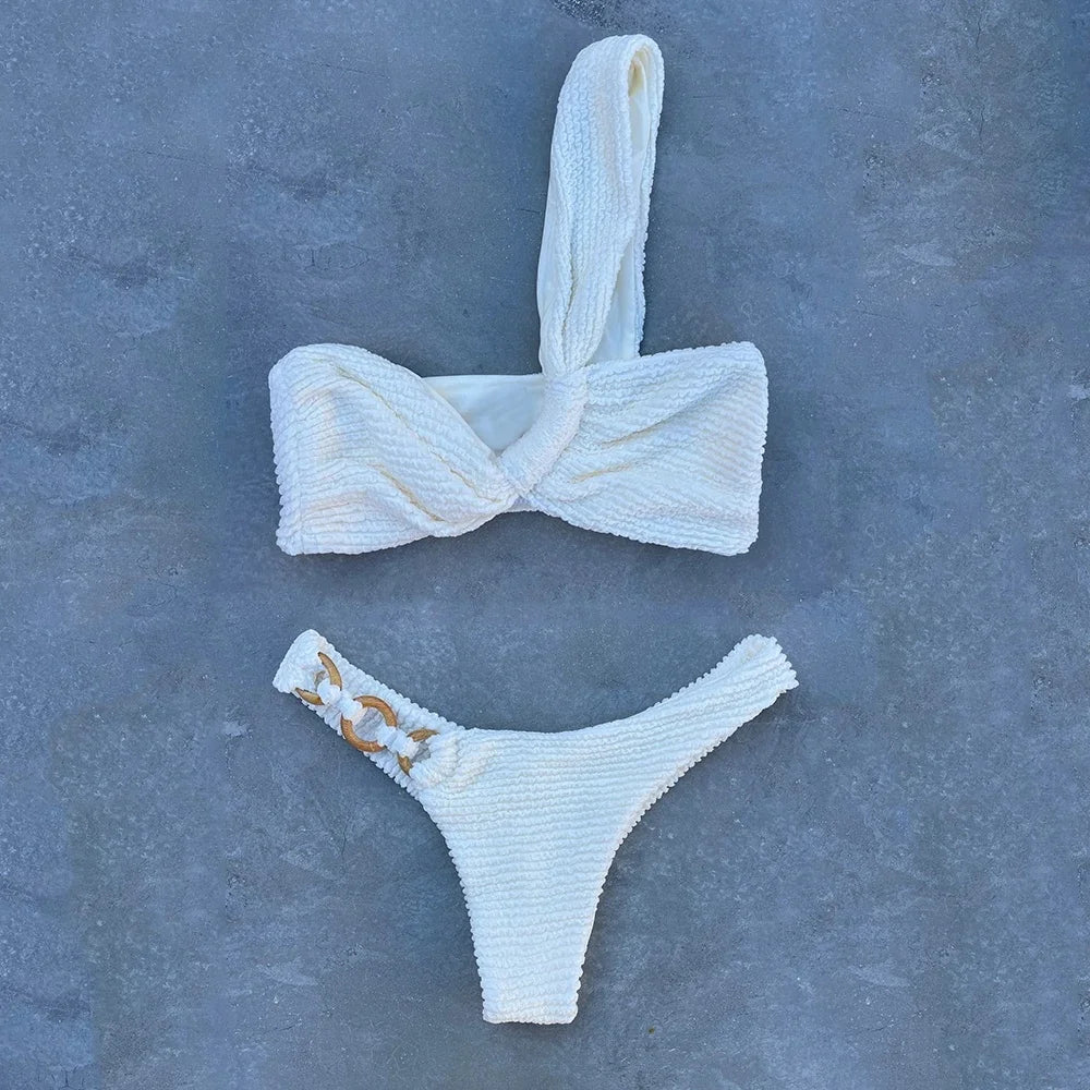 Sexy Wrinkled Crinkled One Shoulder Padded Bikini Swimsuit Swimwear Two-pieces Bikini set