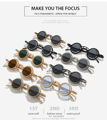 Women Round Two in One Pure Titanium Y2K Steampunk UV400 Sunglasses Glasses