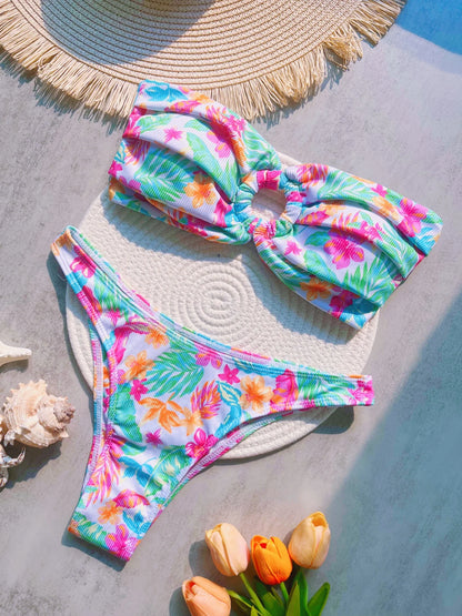 Women Plant Printed Bandeau High Leg Cut Bikini Swimwear Swimsuit Two-pieces Bathing Suit