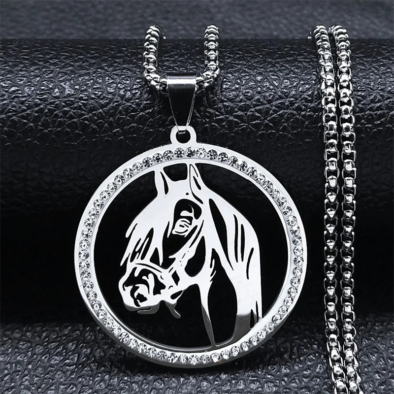 Men Women Stainless Steel Crystal Animal Chain Horse Head Pendant Necklace