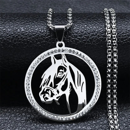 Men Women Stainless Steel Crystal Animal Chain Horse Head Pendant Necklace