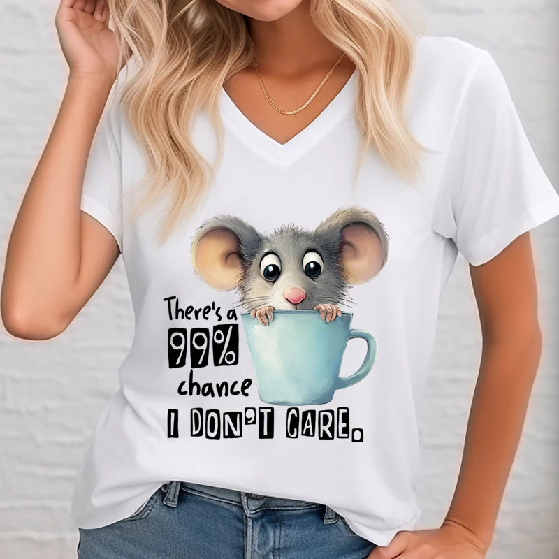 There's A 99% Chance I Don't Care Print Women Funny Humor Rabbit Animals Tops V-Neck Tees Shirt