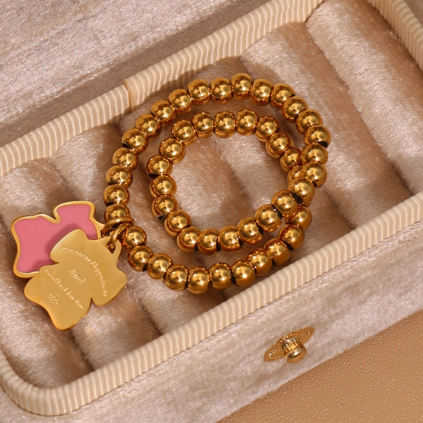 New Pink Elephant Pendant Elastic Bead Stainless Steel Bracelet 18 K Gold Plated Luxury Women's Jewelry Wholesale Gift
