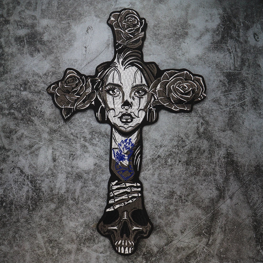 Big Cross Skull Gothic Punk Rock Iron on Patches Embroidered Crown Skull Patch Clothes Sewing Stickers
