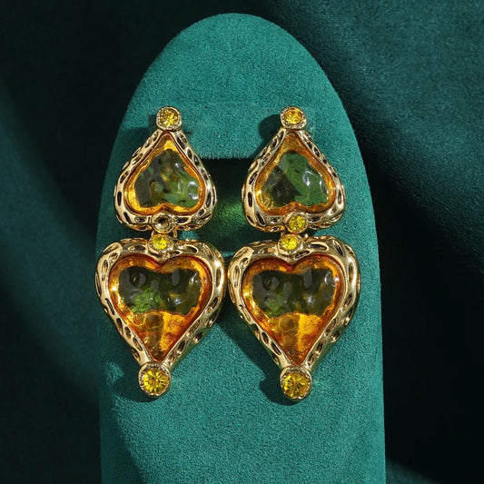 Vintage Gold Color Yellow Nature Glass Heart Designer Drop Dangle Gothic Earrings