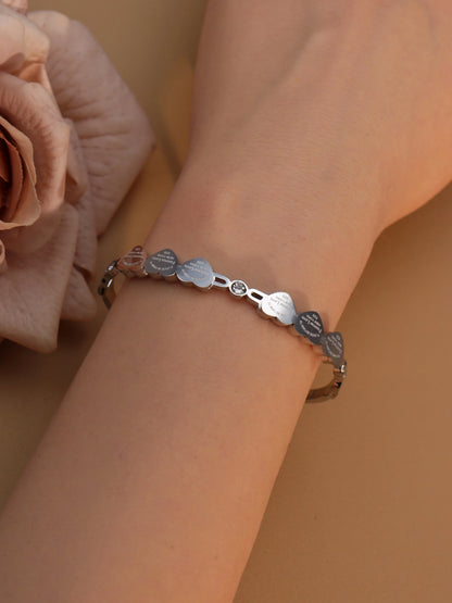 Delicate Stainless Steel Gold Color Peach Heart Crystal Design Charm Bangle Bracelet