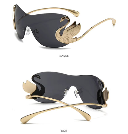 Y2k Women Fashion Swan Inlay Gradient Lens Shades Oversized Rimless Sunglasses Glasses