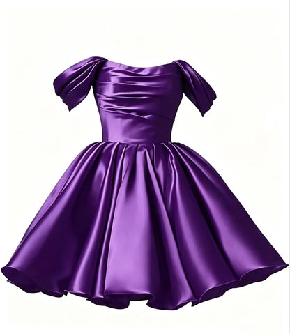 Women Off The Shoulder Satin Homecoming A Line Short Pleated Strapless Prom Evening Dress w/ Pockets