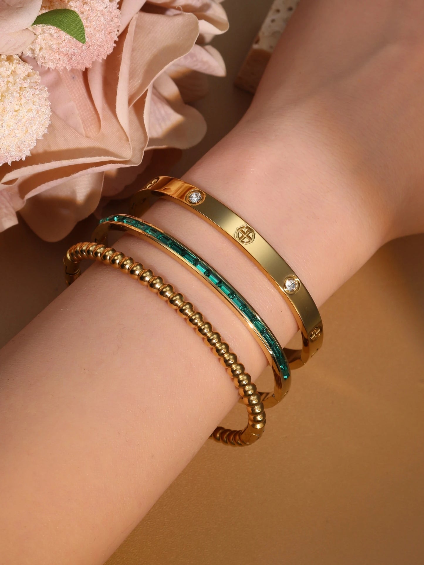 Women 18k Gold Plated Stainless Steel Green Zircon Bangles Bracelet Set Gift.