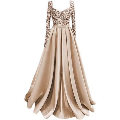 Long Sleeve Sequin Prom Long Satin Women Formal A-Line Evening Party Ball Gown Dress w/ Pockets