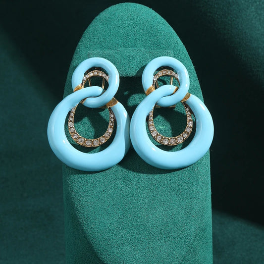 Vintage Blue Enamel 8-Shaped Infinite Women Geometry Antique Rhinestones Earrings