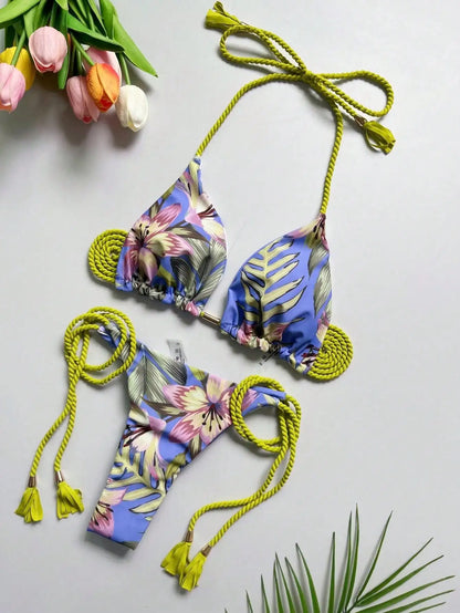 Sexy Leopard Print Women's Split Bikini Woven Rope Strap Fringe Two-Piece Swimsuit Bathing Suit