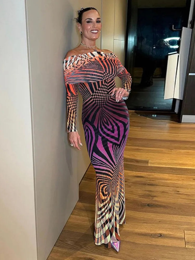 Women Off-shoulder Leopard Print Maxi Strapless Backless Long Sleeve High Waist Dress