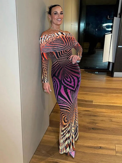 Women Off-shoulder Leopard Print Maxi Strapless Backless Long Sleeve High Waist Dress