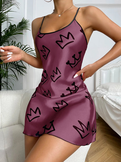 Heart Print Scoop Neck Criss Cross Women's Sleepwear Nightdress