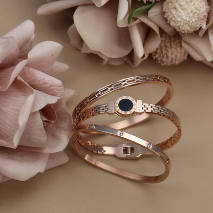 Stainless Steel Zircon Roman Numeral Chain Design Women Bracelet Bangle