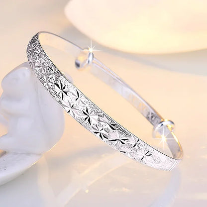 925 Sterling Silver Charms Open Women Fashion Adjustment Cuff Wedding Bangles Bracelet