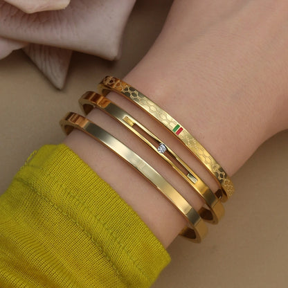 18K Gold Plated Stainless Steel Polished Zircon 50MM Bangles Bracelet
