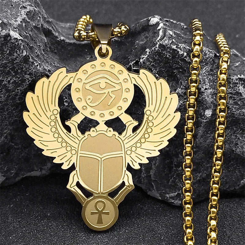 Key Of Life Egyptian Scarab Eye of Ra Horus Symbol Stainless Steel Gold Color Pendant Necklace