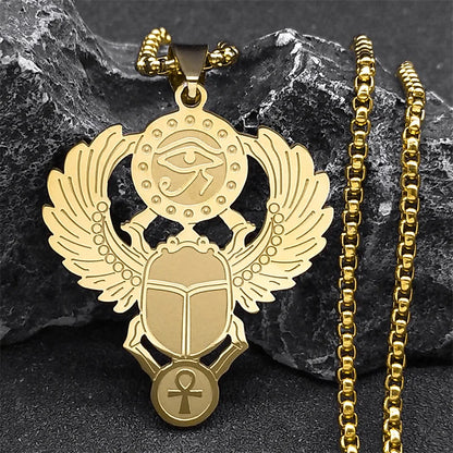 Key Of Life Egyptian Scarab Eye of Ra Horus Symbol Stainless Steel Gold Color Pendant Necklace