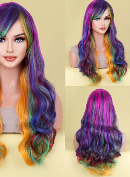 Women Purple Half Pink Synthetic Hair Wigs w/ Bangs Heat Resistant