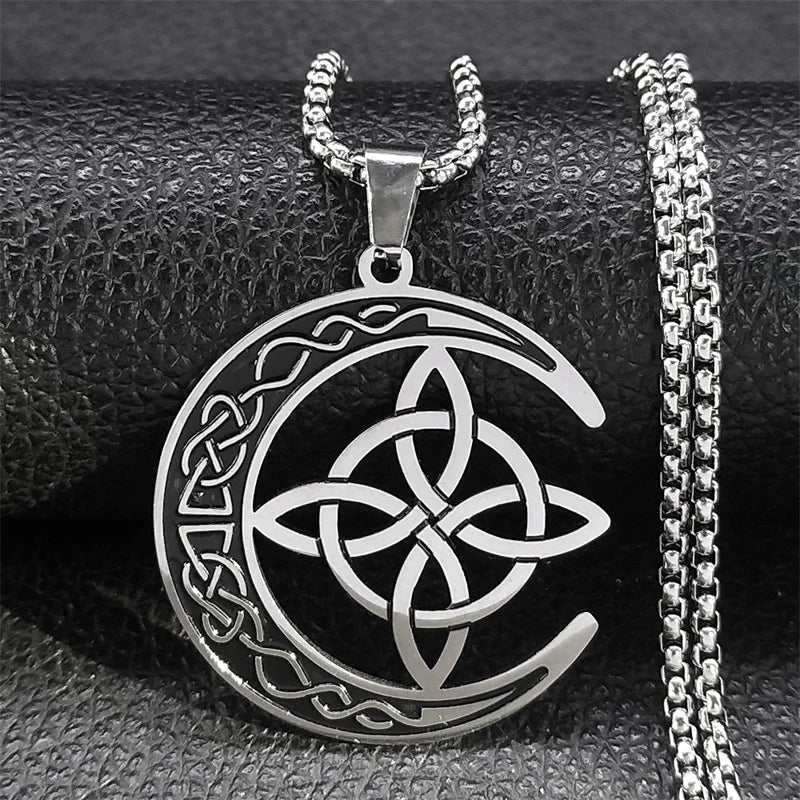 Crescent Celtic Irish Knot Stainless Steel Witch Moon Amulet Protection Chain Necklace