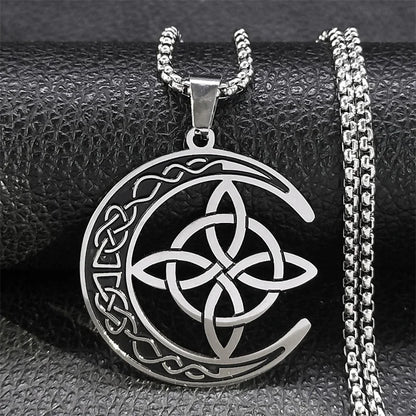 Crescent Celtic Irish Knot Stainless Steel Witch Moon Amulet Protection Chain Necklace