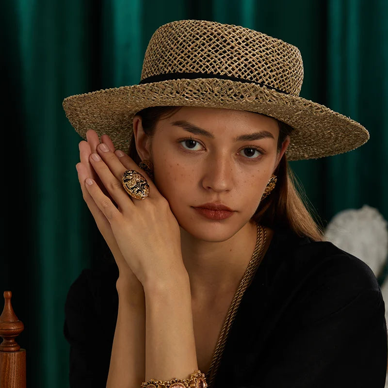 18K Gold-Plated Women Hand-Carved Floral Enamel Vintage Art Deco Ring