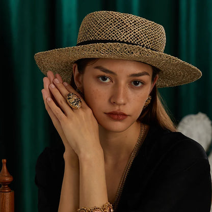 18K Gold-Plated Women Hand-Carved Floral Enamel Vintage Art Deco Ring