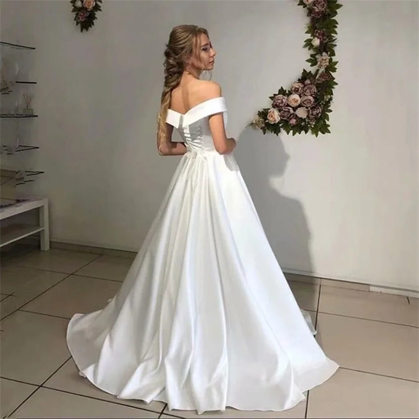 Woman Bride Simple Off The Shoulder Satin Bridal Wedding Party Dress