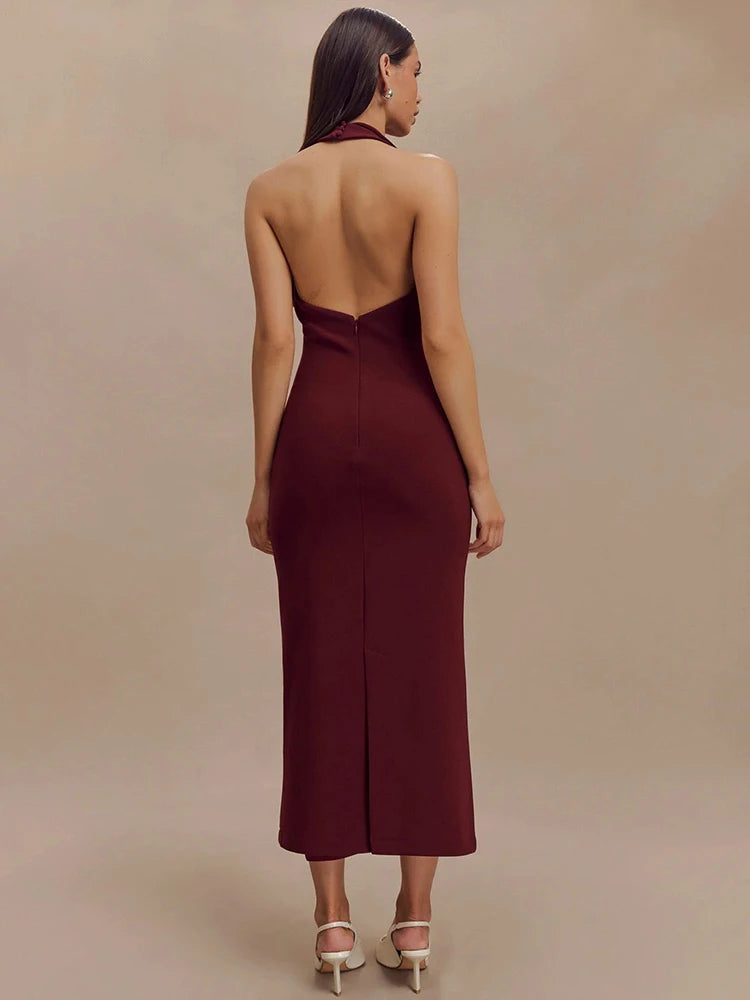 Halter Deep V Neck Sleeveless Sexy Maxi Backless Bodycon Tank Long Dress