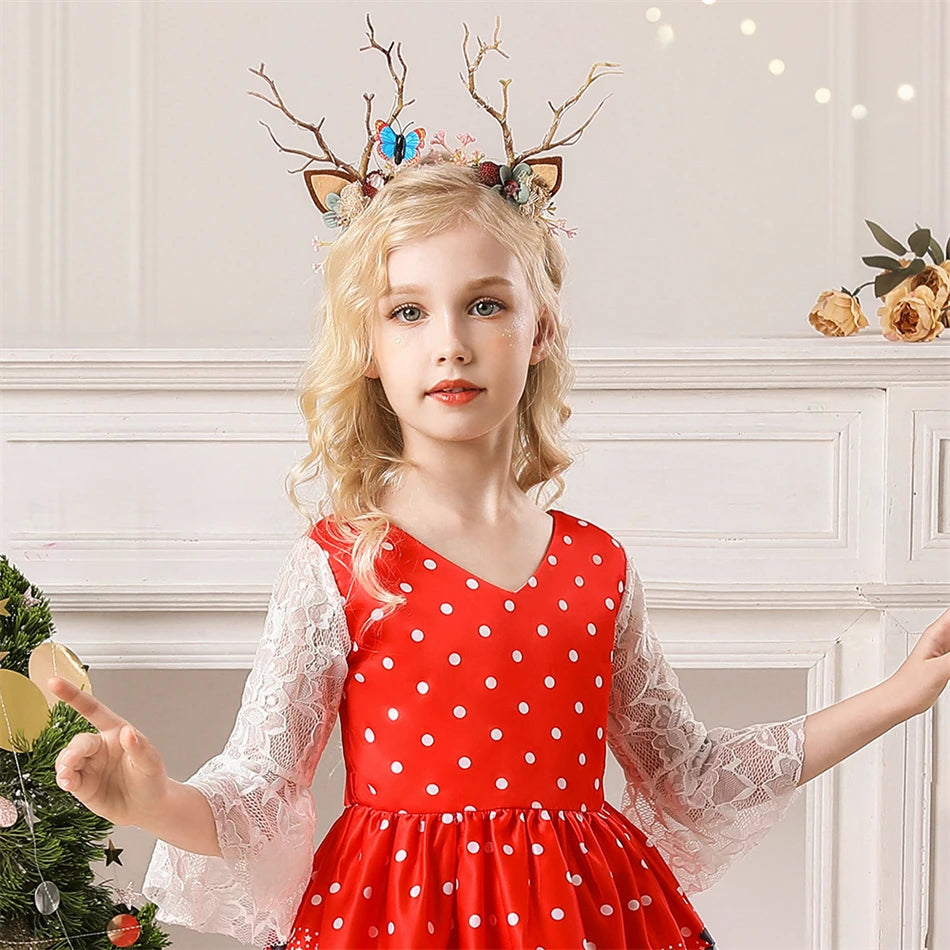 Girls Kids New Year Party Santa Claus Snowman Print Cosplay Costume Xmas Princess Theme Party Dress