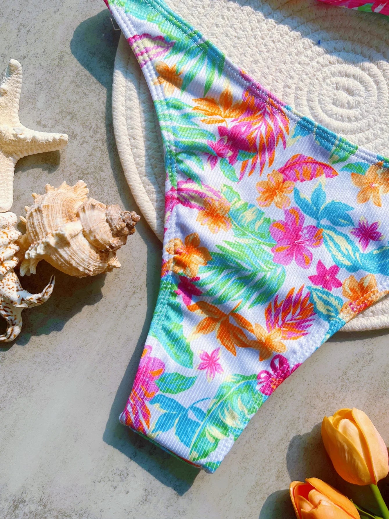 Women Plant Printed Bandeau High Leg Cut Bikini Swimwear Swimsuit Two-pieces Bathing Suit