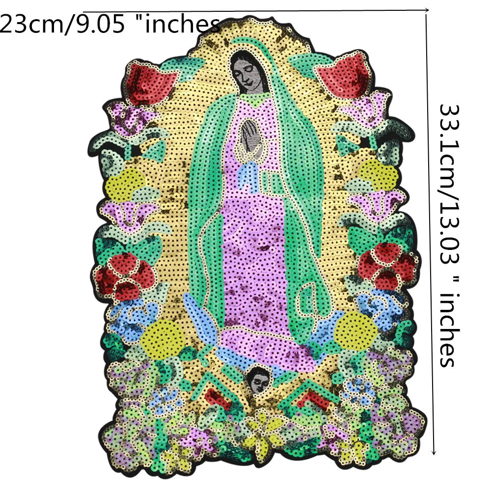 Large Sequins cross rose Blessed Virgin Mary Goddess Embroidery Patches for Clothes DIY sew Stripes Applique