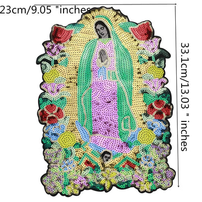Large Sequins cross rose Blessed Virgin Mary Goddess Embroidery Patches for Clothes DIY sew Stripes Applique