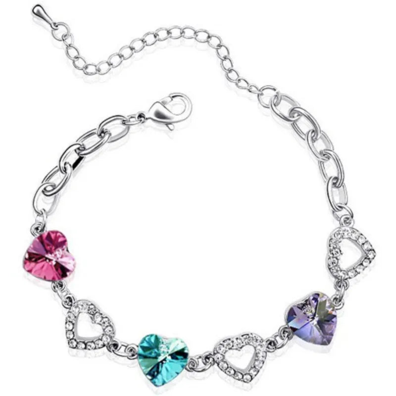 Women Fashion Crystal Three 3 Heart Chain Link Bracelet Charm