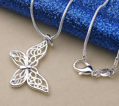 925 Sterling Silver Butterfly Snake Chain Women Wedding Engagement Pendant Necklace