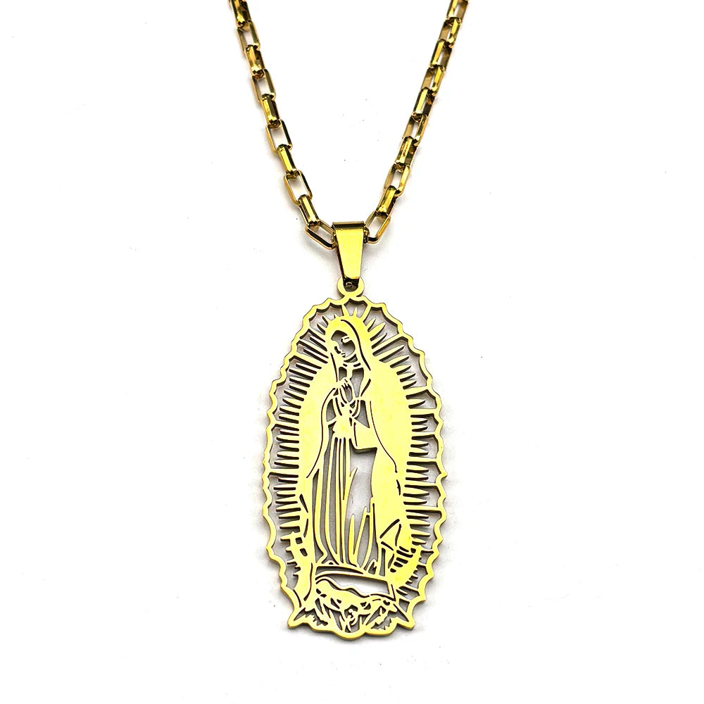Women Men Stainless Steel Gold Color Our Lady of Guadalupe Hollow Catholic Virgin Mary Pendant Necklace