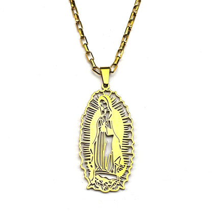 Women Men Stainless Steel Gold Color Our Lady of Guadalupe Hollow Catholic Virgin Mary Pendant Necklace
