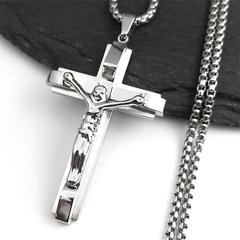 Men Stainless Steel Gold Color Christian Jesus Cross Crucifix Pendant Necklace