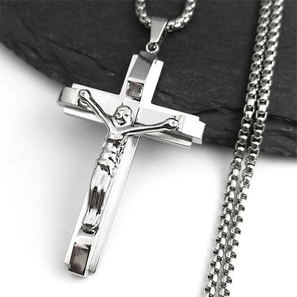 Men Stainless Steel Gold Color Christian Jesus Cross Crucifix Pendant Necklace