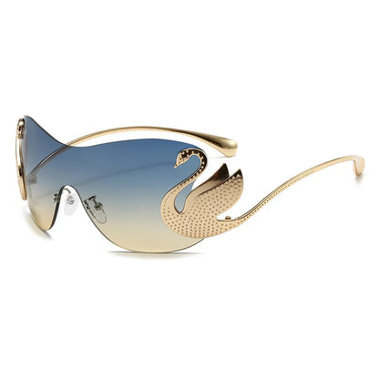 Y2k Women Fashion Swan Inlay Gradient Lens Shades Oversized Rimless Sunglasses Glasses